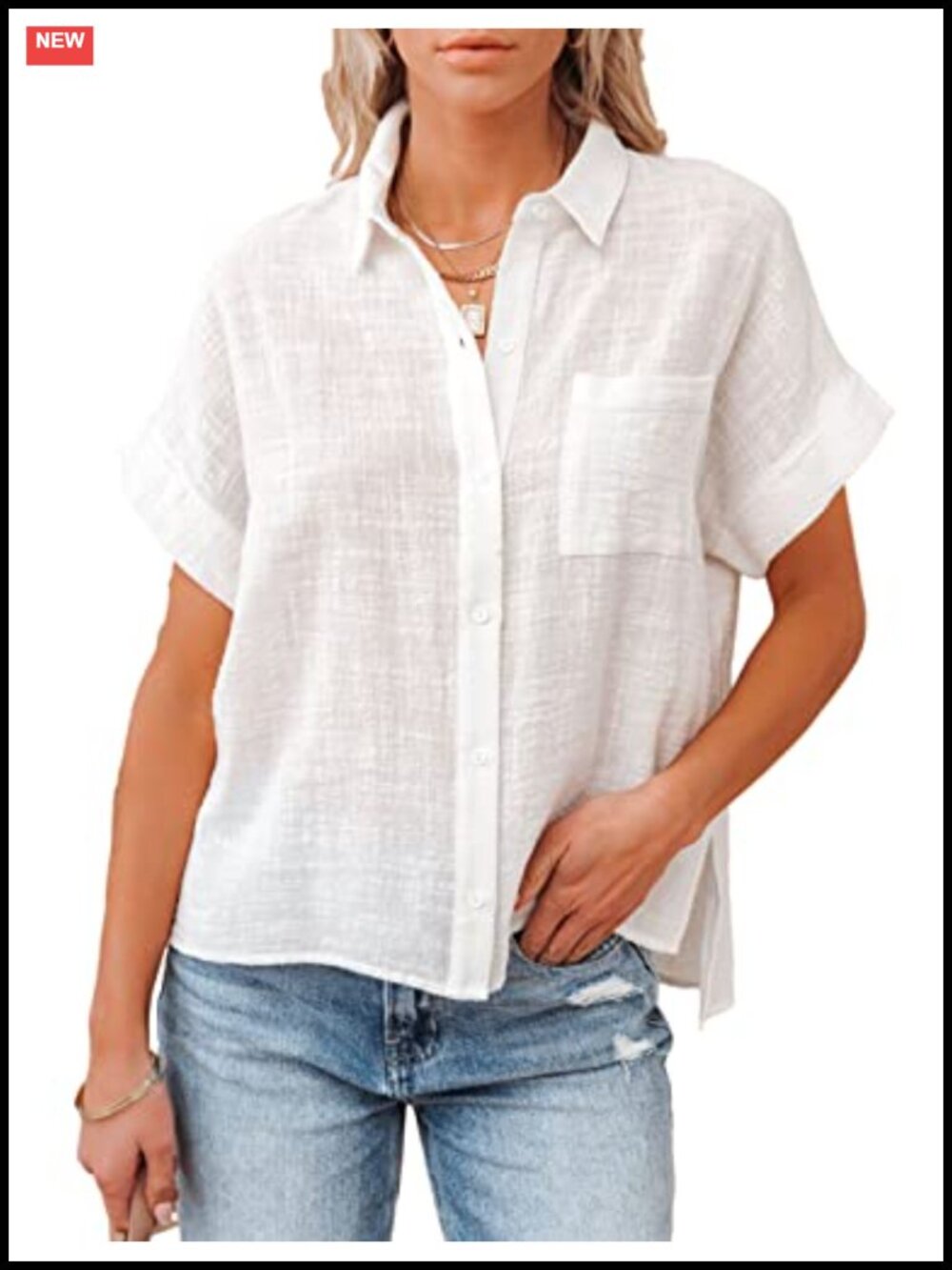 Womens Short Sleeve Cotton Blend Button Down Collared V Neck Blouse